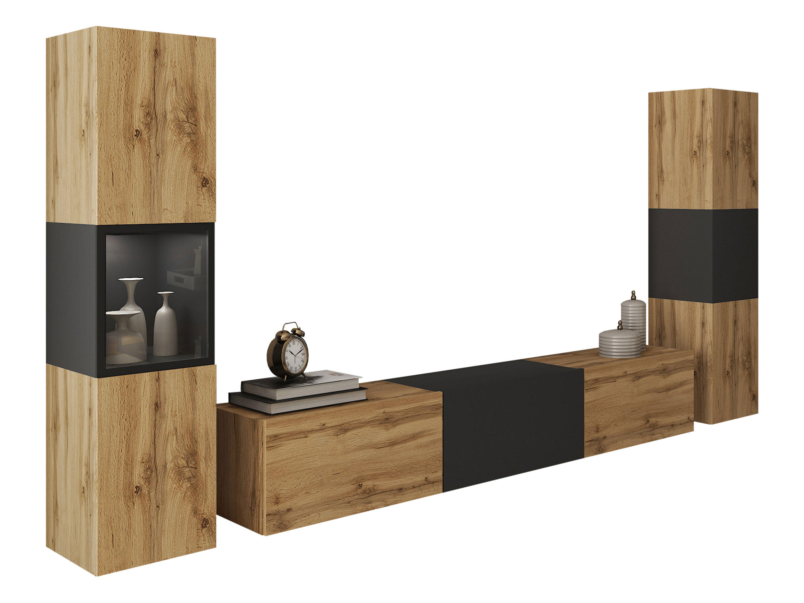 WOHNWAND Berlin III mit weißer LED Beleuchtung - Eiche Wotan/Alufarben, Holzwerkstoff/Kunststoff (180/30/33cm) - MIRJAN24