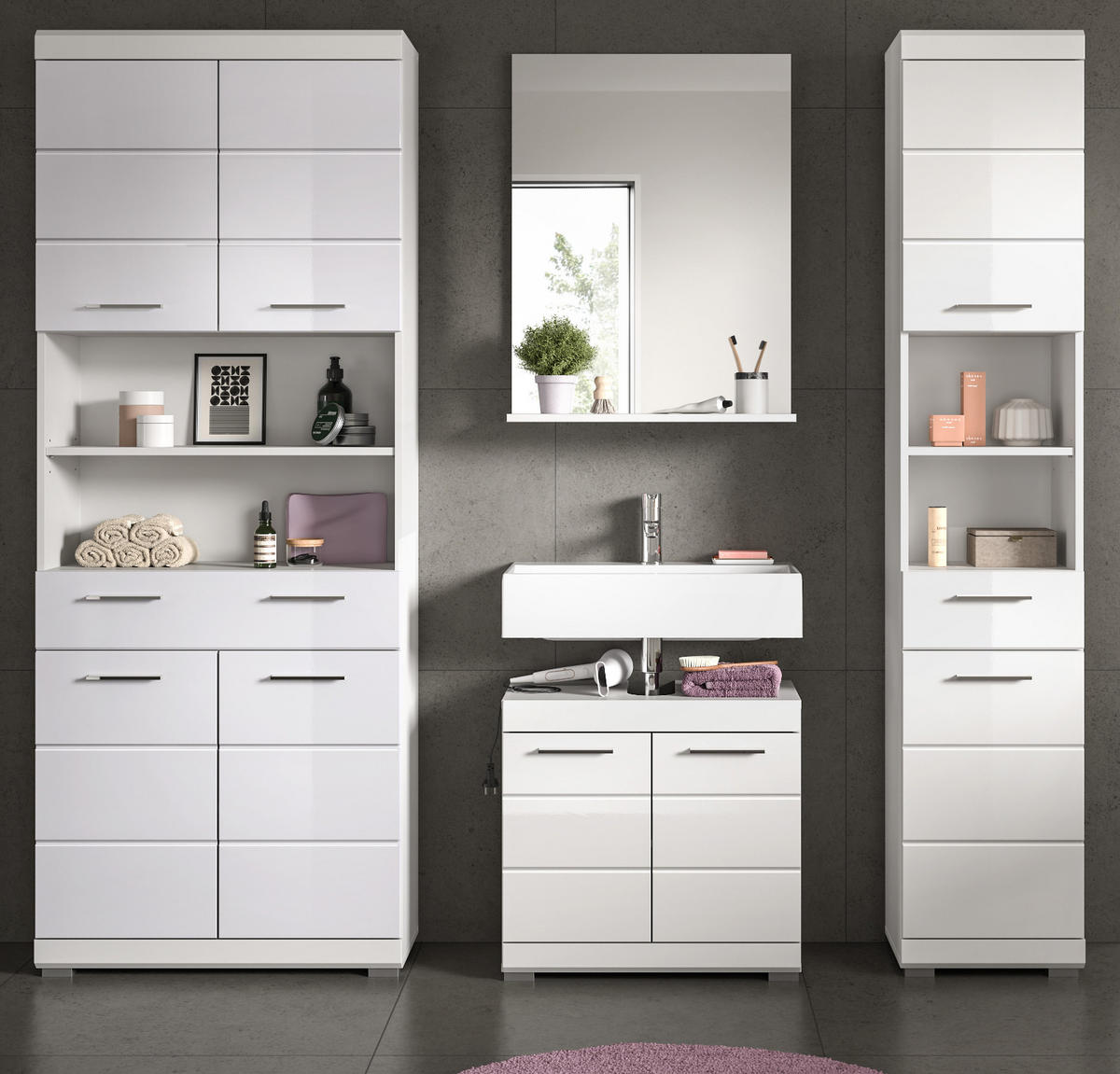 BADMÖBEL-SET weiß Hochglanz 4-teilig 200 cm, Komplettset mit viel Stauraum - Weiß Hochglanz, Glas/Holzwerkstoff (186/191/34cm) - Inn.Furn