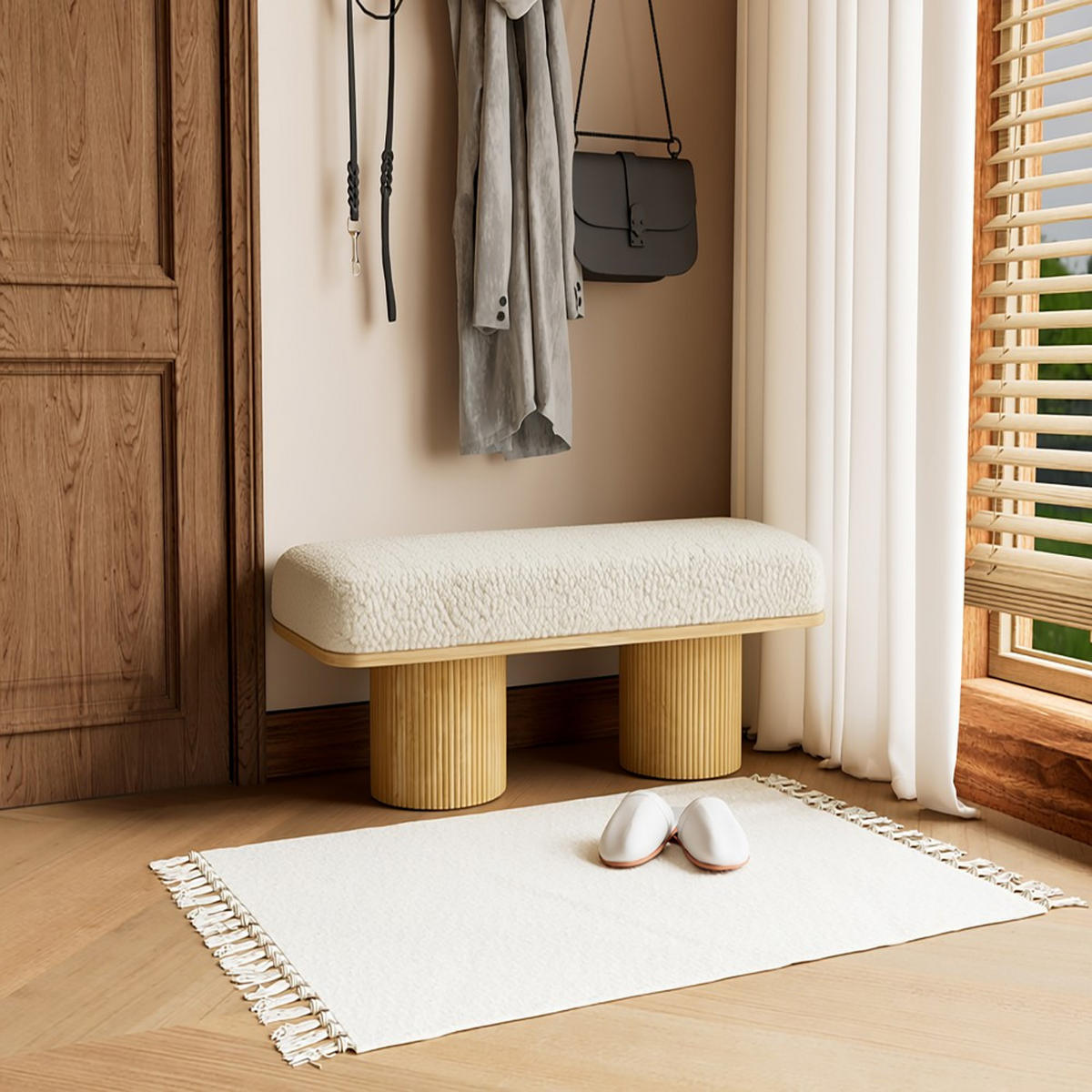 HOCKERBANK 122 cm gepolstert mit Teddy-Fleece und Holzgestell, cremefarbene Sitzbank für Schlafzimmer & Flur - Eukalyptusholzfarben/Beige, Naturmaterialien (46/42.5/122cm)
