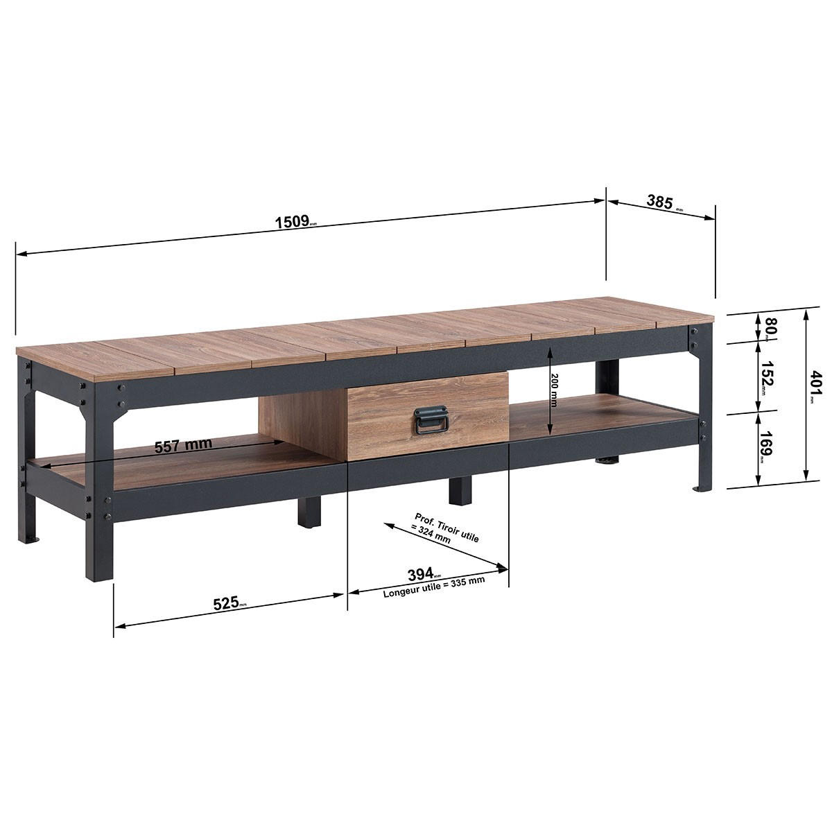 TV-MÖBEL Farbe Alt-Eiche mit 2 Ablagen und 1 Schublade - 151/38.5/40 cm - Nussbaumfarben, Holzwerkstoff (38.5/40/150.9cm) - Calicosy