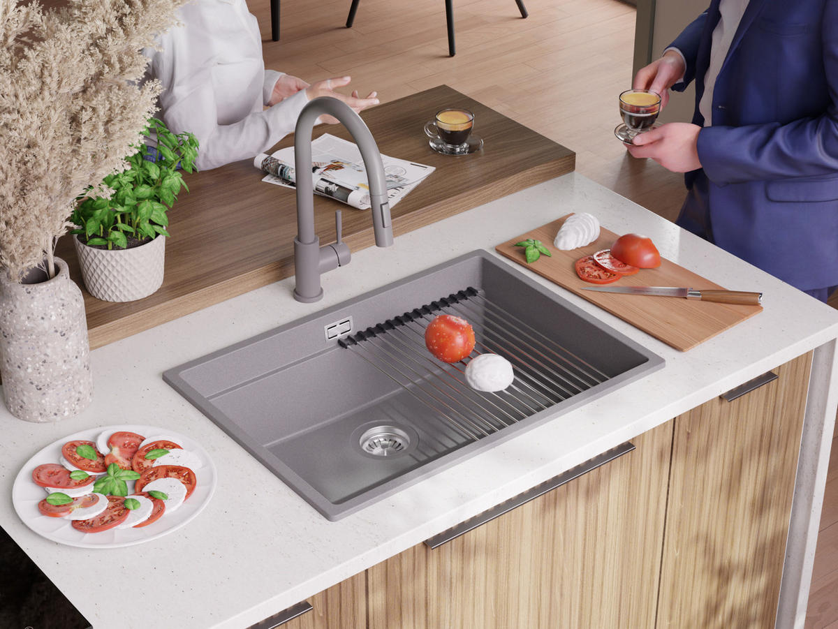 SPÜLBECKEN Praga Slim, 2-er set Grau 66/47 cm 1 Becken + Ablauf-Set + Aufrollbare Abtropffläche ab 70er Unterschrank - Chromfarben/Grau, Kunststoff (66/20/47cm) - Primagran
