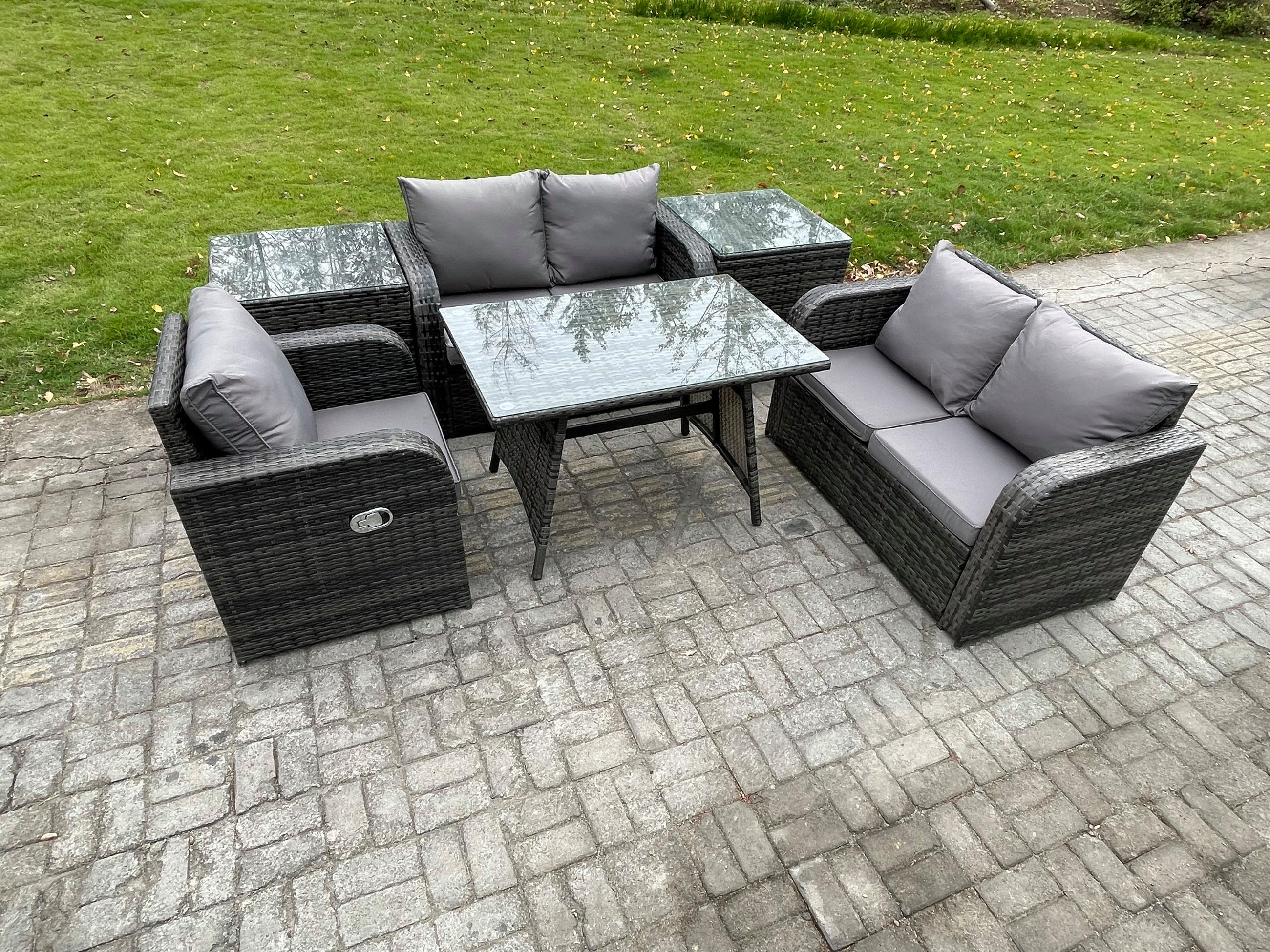 BALKONSET mit ESSTISCH SOFA Polyrattan Dunkelgrau 5-Sitzer - Dunkelgrau/Grau, Glas/Kunststoff - Fimous