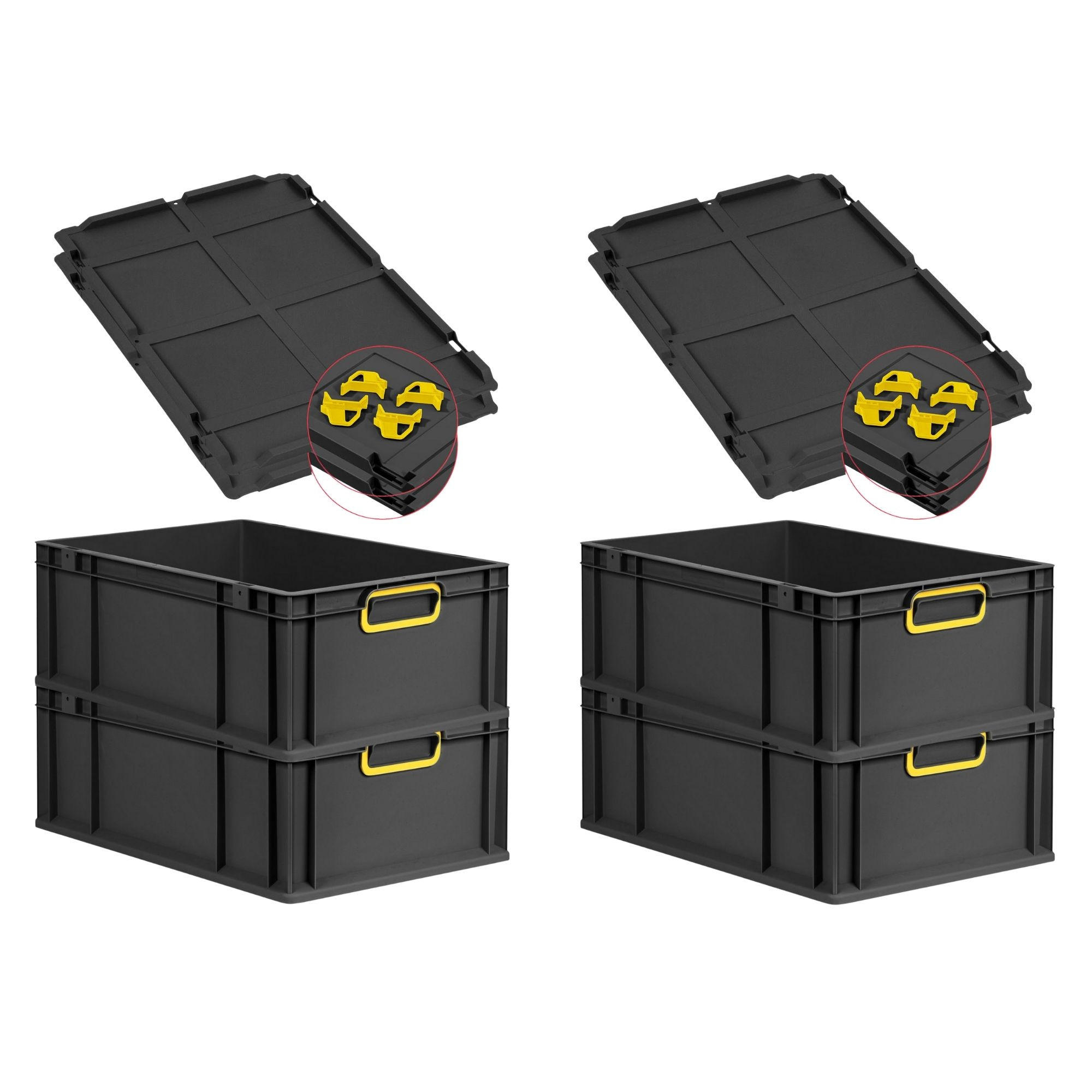 EUROBOX 4x NextGen Color mit Auflagedeckel 22x40x60 cm 44 Liter Schwarz Griffe gelb zu - Gelb/Schwarz, Kunststoff (40/22/60cm) - PROREGAL