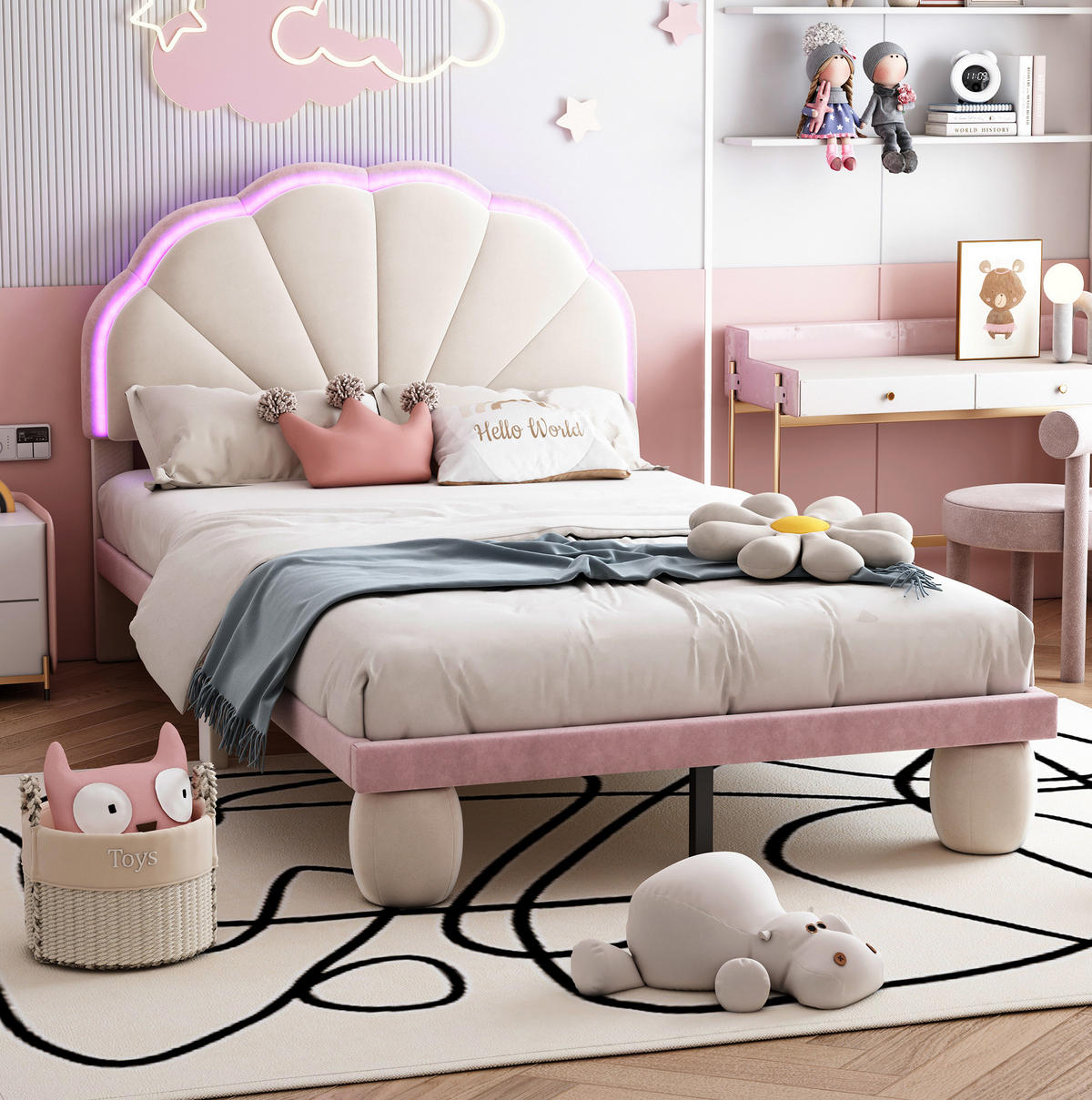 ČALÚNENÁ posteľ 90/200 cm béžová a ružová s LED osvetlením zo zamatu - biela, textil (90/200cm) - OKWISH