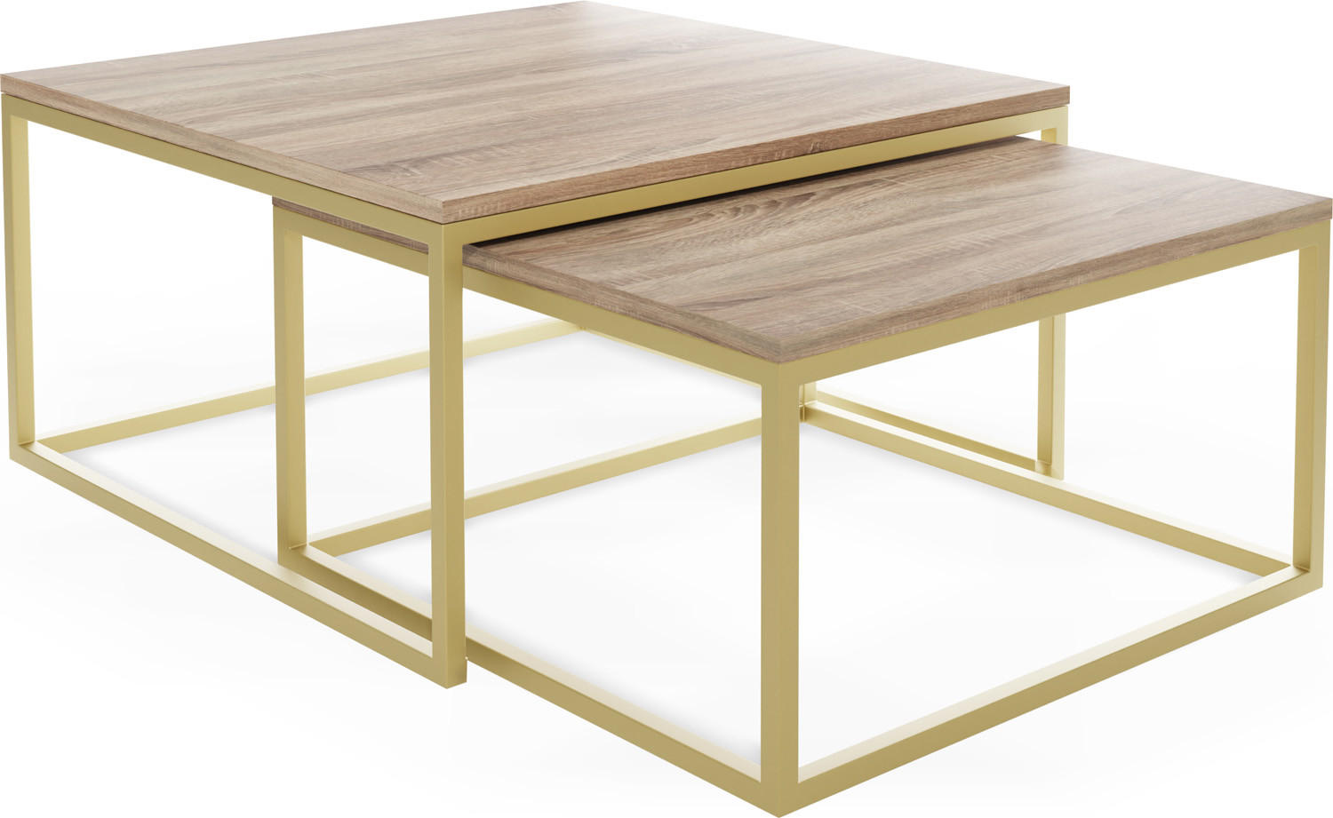 COUCHTISCHE Vella Gold 2er-Set quadratisch, Sonoma Eiche 76/76/39cm + 66/66/34 cm - Goldfarben/Braun, Holzwerkstoff/Metall (76/76/39cm) - WFL GROUP
