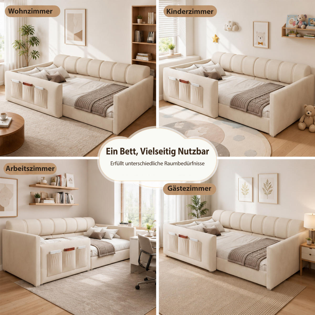 POLSTERBETT 90/200 cm in Beige Samt mit Kopfteil und Staufächern - Beige, Holzwerkstoff/Textil (90/200cm) - WISHDOR