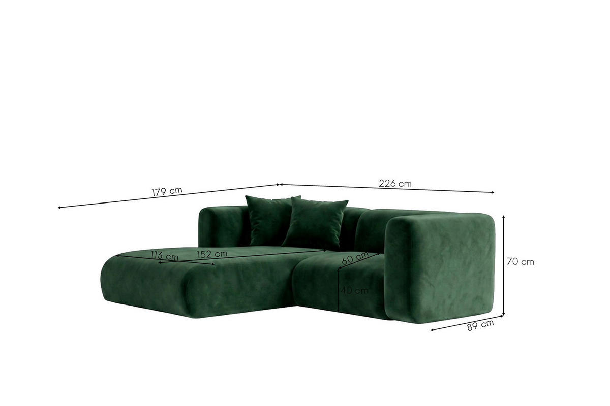 ECKSOFA L-Form mini, Velvet-Stoff Bluvel, Grün, Links, GRETA - Grün, Holz (226/179cm) - Kaiser Möbel
