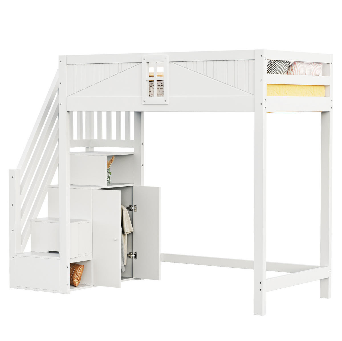 HOCHBETT 90/200 cm Weiß mit Sicherheitsgeländer und auswechselbarer Leiter mit Matratze - Weiß, Holzwerkstoff (90/200cm) - OKWISH