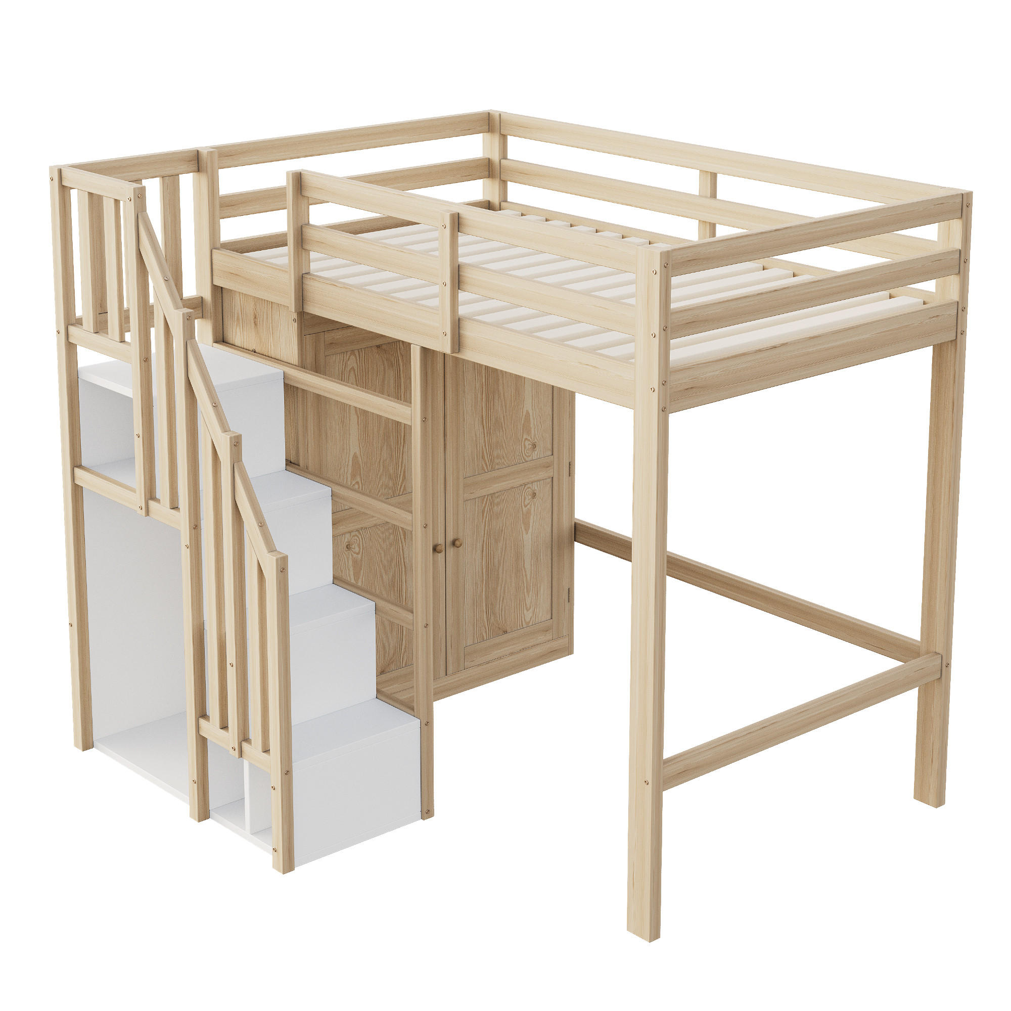 HOCHBETT 90/200 cm DE-01476, in Holzfarbe, mit Kleiderschrank und Stauraumleiter - Naturfarben, Holz (90/200cm) - ComfortXL