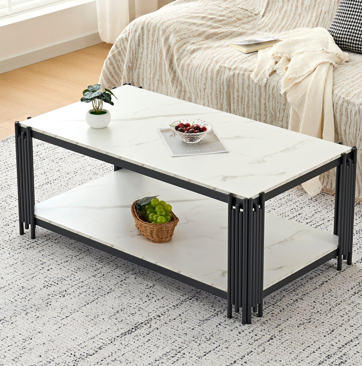 COUCHTISCH mit Ablage 114/64 cm in Weiß/Schwarz mit Marmor-Dekor - Schwarz, Holzwerkstoff (114/64/46cm) - BEAOK