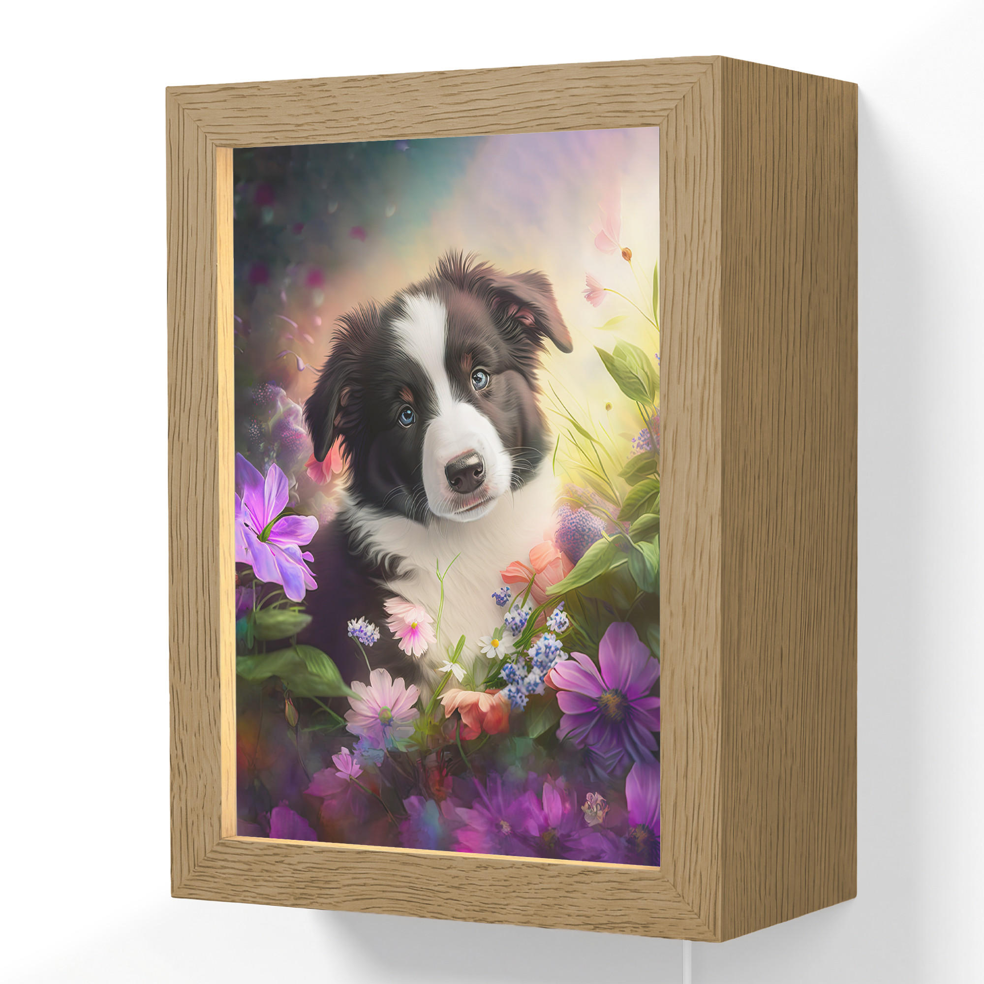OnlyWow NÁSTĚNNÁ LAMPA Štěně - Slunce - Květiny - Příroda - Border kolie - Pes 15x20 cm