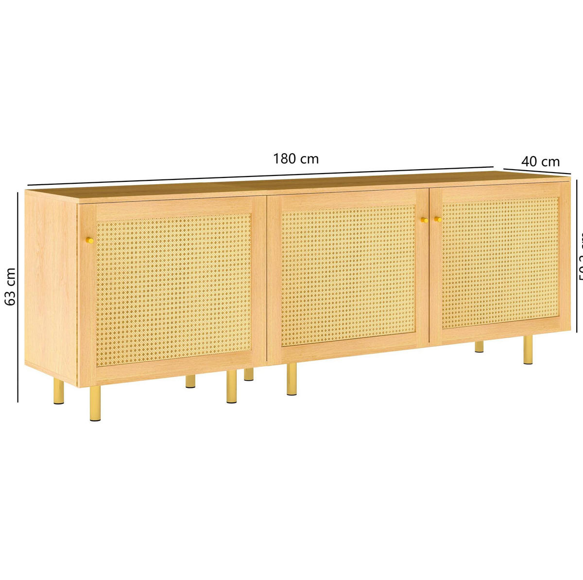 SIDEBOARD 180/40/63 cm aus MDF mit modularem Stauraum und goldfarbenen Griffen, Natur - Naturfarben, Holzwerkstoff (180/63/40cm) - Redom