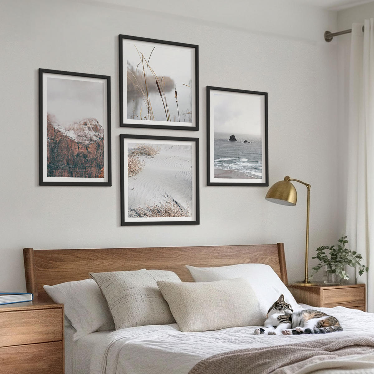 BILDER SET 4er Set - 50x50 cm & 40x60 cm Schwarzer Rahmen - Abstrakte Wellen, graue Pastellfarben - Schwarz, Kunststoff (50/50cm) - TULUP