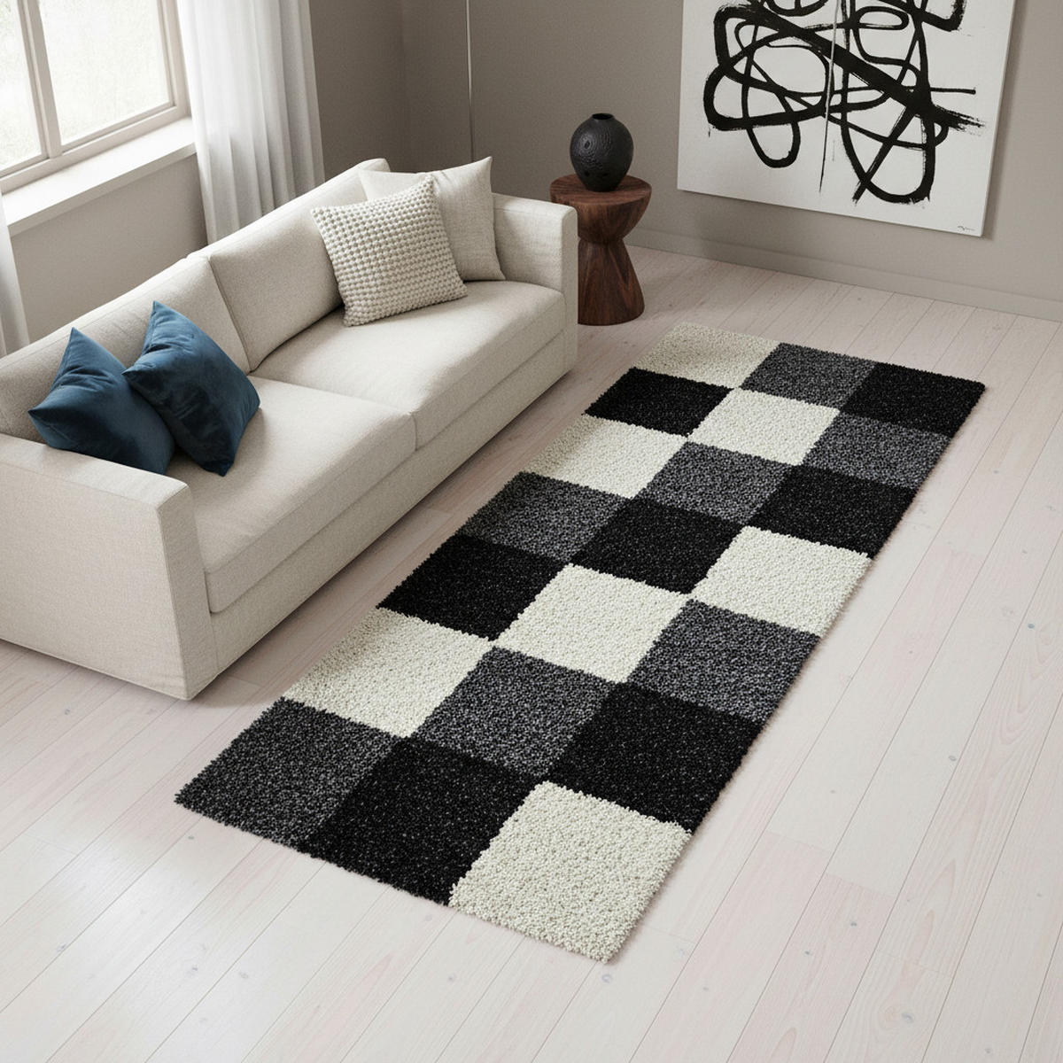 TEPPICH Hochflor Karo Polypropylen Wohnzimmer Shaggy Schwarz Läufer 80x250 - Schwarz, Textil (80/250cm) - KADIMA DESIGN