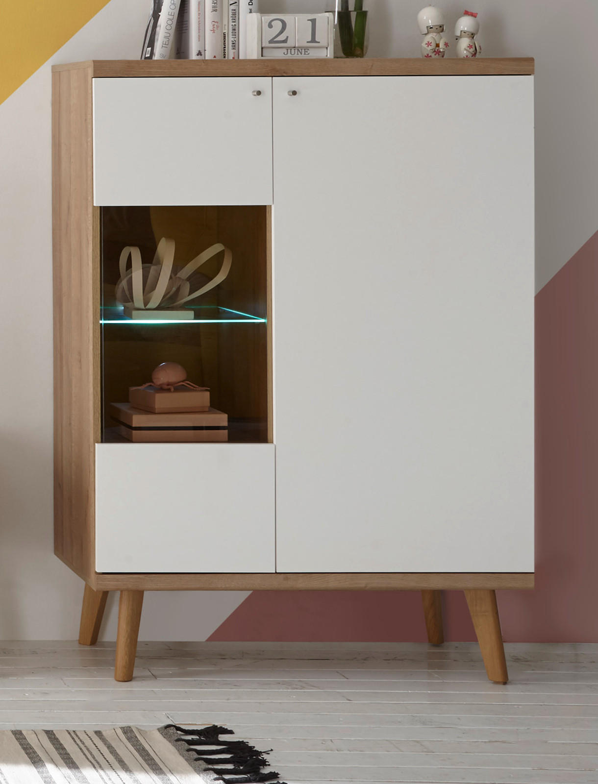 HIGHBOARD weiß Eiche Riviera, Vitrine skandinavisch 90 x 134 cm - Eichefarben/Weiß, Holz/Holzwerkstoff (90/134/40cm) - Furn.Design