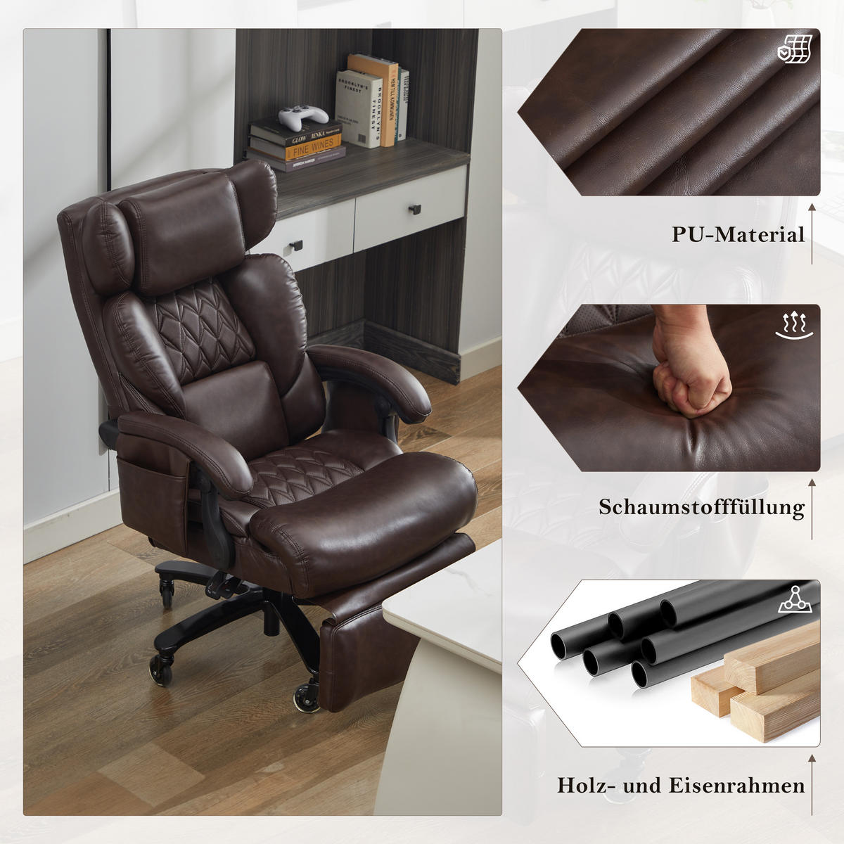 BÜROSTUHL Braun 88/70/112.5 cm mit Massagefunktion - Braun, Metall (88/112.5/70cm) - PANGIVO