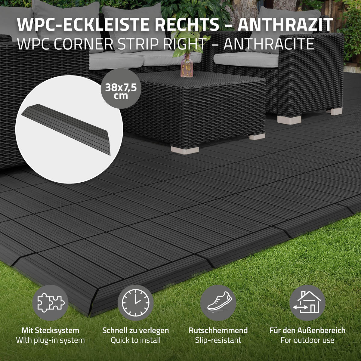 ZÁVĚROVÁ LIŠTA WPC pravý roh antracit - antracitová, kompozitní dřevo (38/2/7.5cm) - ML-DESIGN