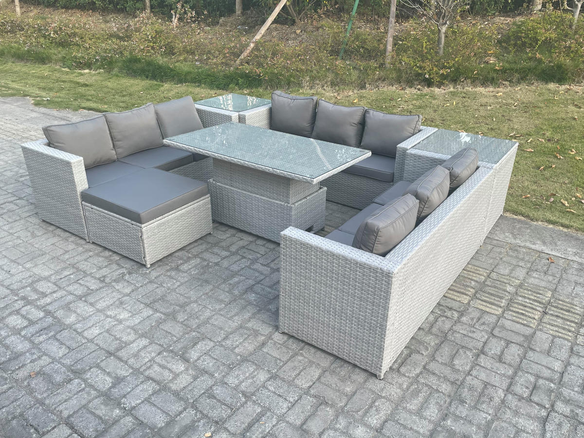 GARTENMÖBEL SET mit höhenverstellbarer Tisch Polyrattan Helles Grau 7-teilige - Hellgrau, Metall - Fimous