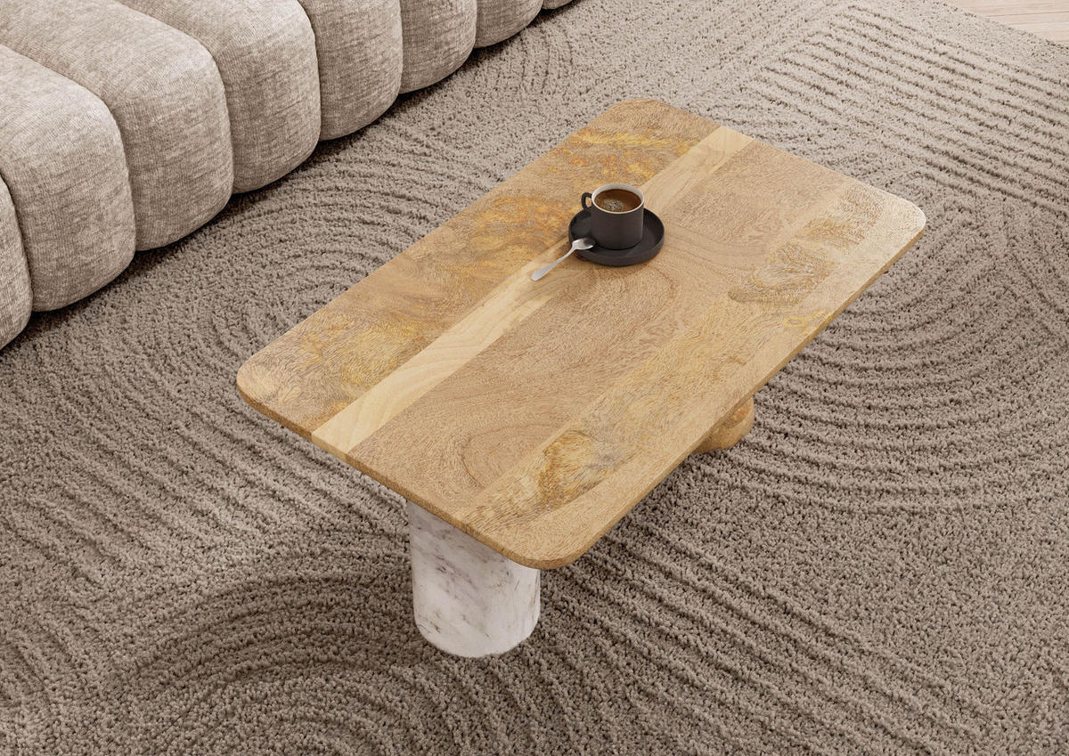 COUCHTISCH Mango 100x60x45 natur lackiert / Marmor weiß FLORENZ #105 - Braun, Holz (100/60/45cm) - Massivmoebel24
