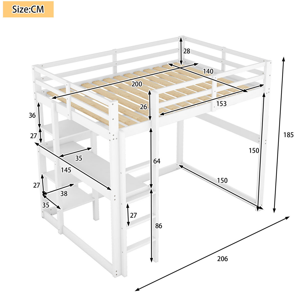 HOCHBETT 140/200 cm aus Kiefer mit Schreibtisch und 4 Ablagefächern Antikweiß - Weiß, Holz (140/200cm) - Modenvie