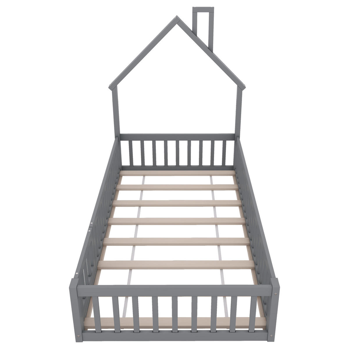 KINDERBETT Kindereinzelbetten 90/200 cm mit Lattenrost, Sicherheitsgitter und Schornstein-Design aus Kiefer, Grau - Grau, Holzwerkstoff (90/200cm) - Redom