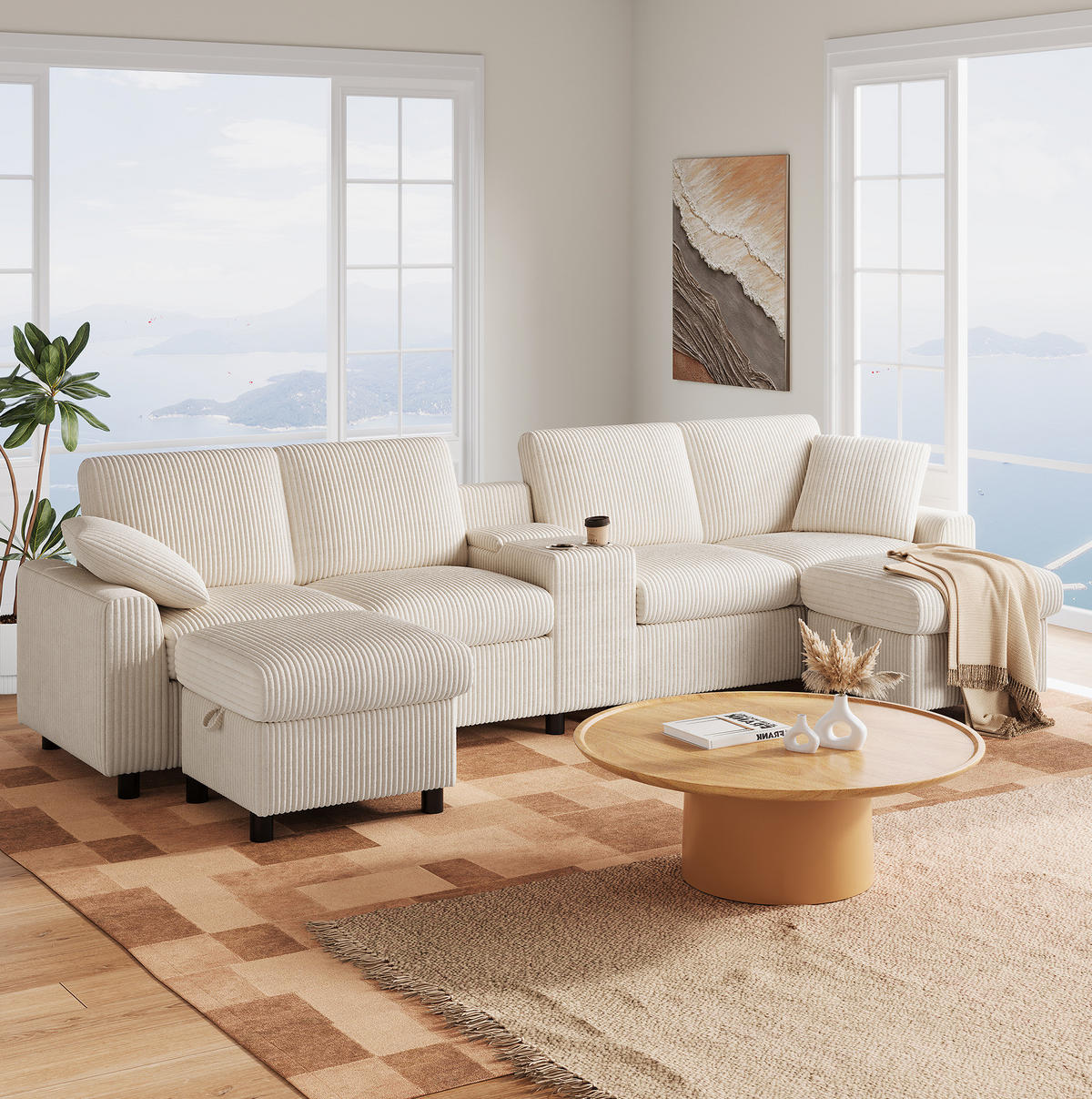 2-SITZER aus Corduroy 315x135x81 cm Beige mit Hockern, Stauraum, Tisch und Ladefunktion - Beige, Textil (135/81/315cm) - Modfu