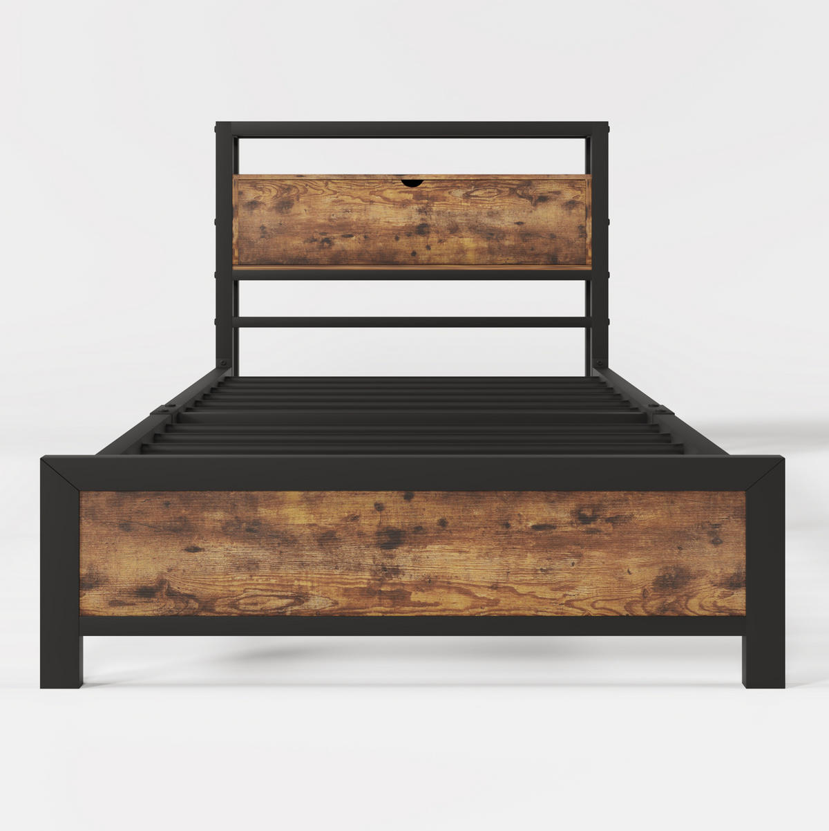 EINZELBETT 90/200 cm mit Stauraum-Kopfteil und Metall-Lattenrost im Industrial-Stil, Natur - Naturfarben, Metall (90/200cm) - Redom