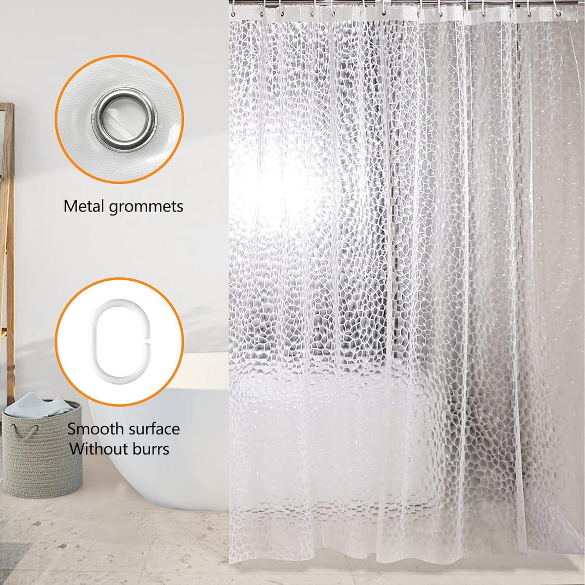 DUSCHVORHANG EVA 3D 180 x 180 cm transluzent waschbar mit Haken für Badewanne Badezimmer - Transparent, Kunststoff (180/180cm) - MCBOSON