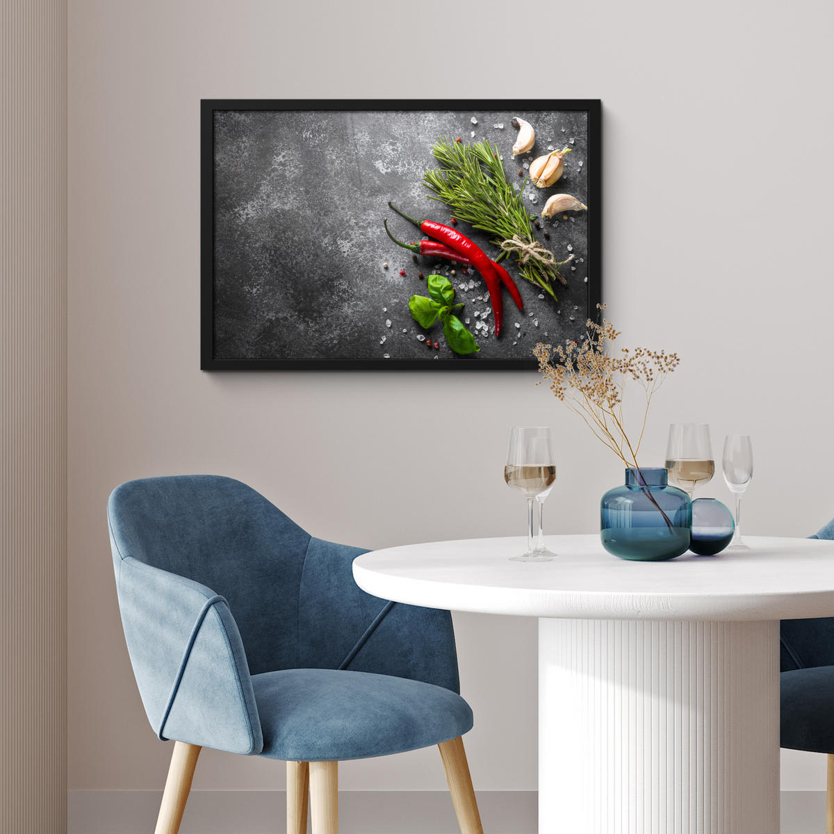 ZARÁMOVANÝ PLAGÁT Korenie - bylinky - korenie - betón 60x40 cm - tmavosivá, papier (60/40cm) - MuchoWow