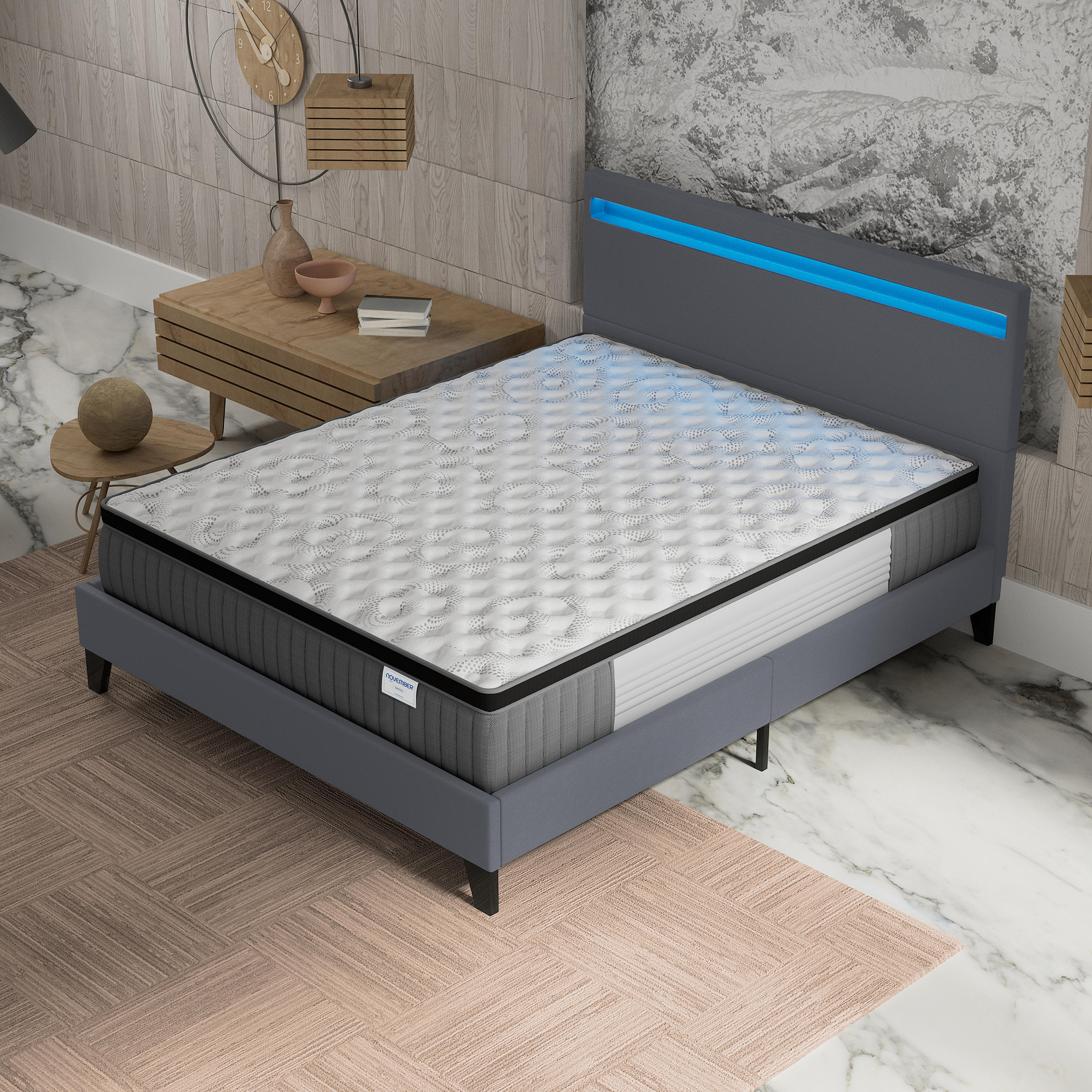 POLSTERBETT und MATRATZE - 160 x 200 cm - Taschenfederkern und visco - 30cm dick - Grau, Naturmaterialien/Holz (160/200cm) - November Sleep