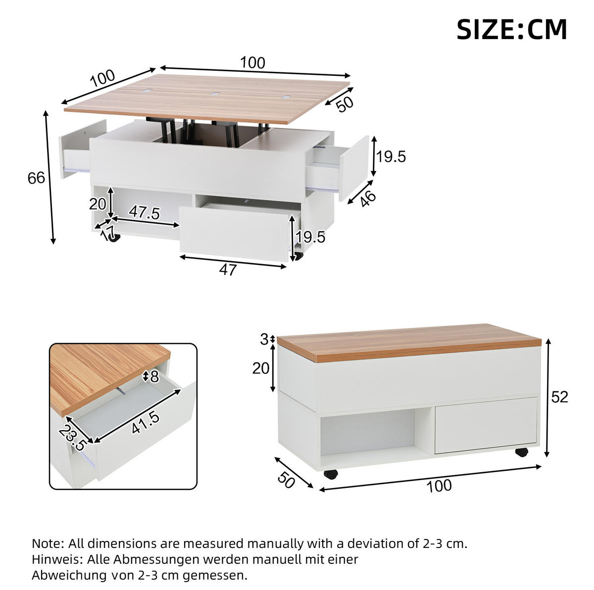 COUCHTISCH aus Spanplatte 100x50x52 cm Weiß/Holzfarbe mit Hubfunktion, 4 Schubladen und Rollen - Weiß, Holzwerkstoff (100/50/52cm) - IVMEU