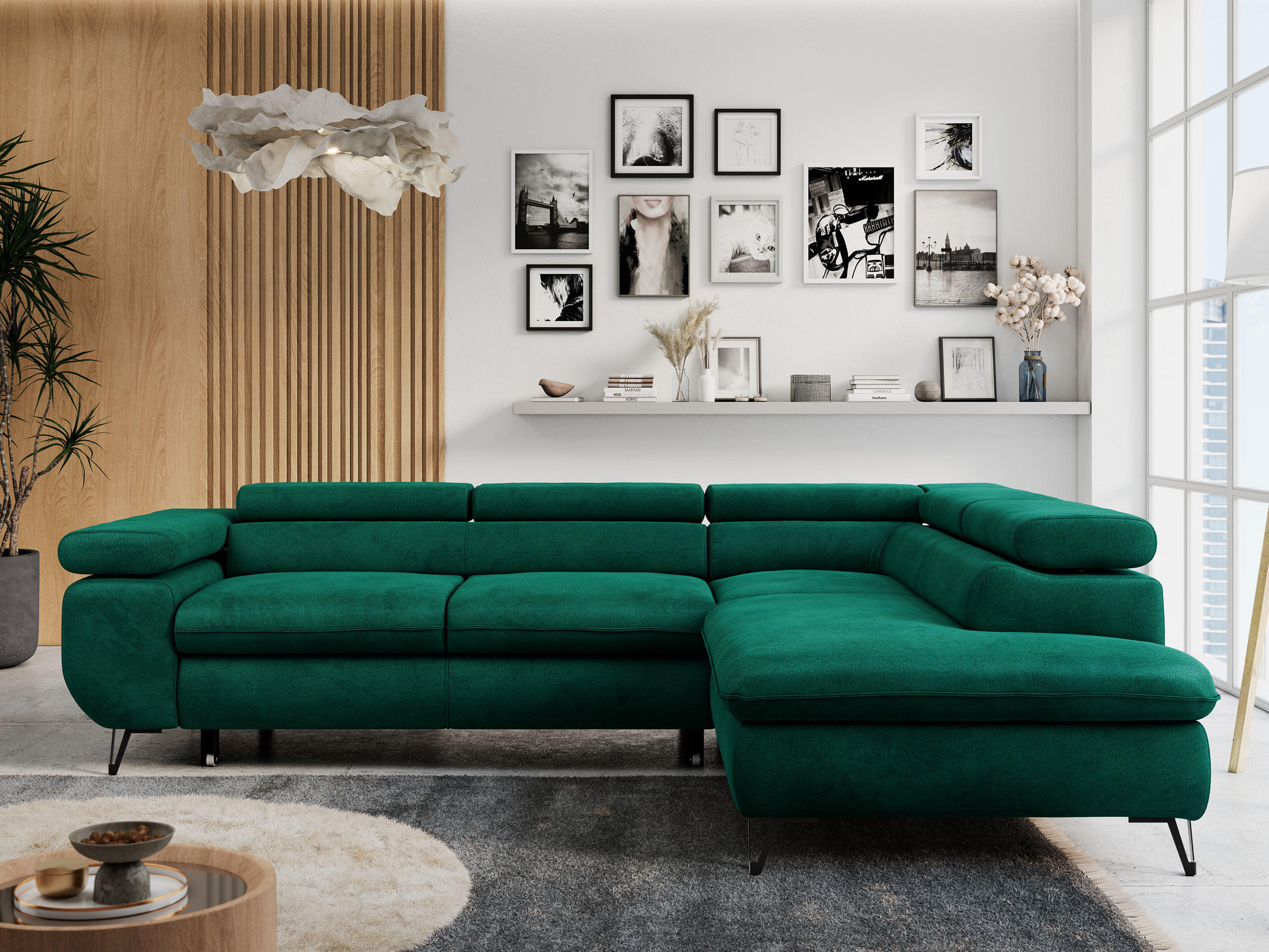 ECKSOFA PETER L Dunkelgrün Velvet - Rechts Seite - Dunkelgrün/Schwarz, Textil/Metall (273/208cm) - MKS
