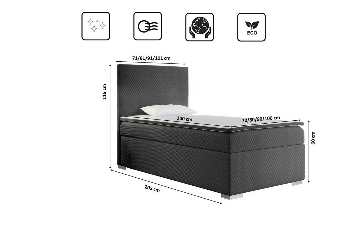 BOXBETT Mit Bettkasten Matratze Topper ICON Grau 70x200 cm Links - Grau, Holz (70/200cm) - Kaiser Möbel