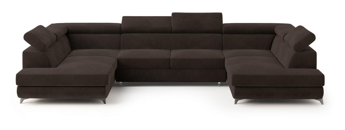 WOHNLANDSCHAFT VINTESSA Braun Velours-Stoff mit Schlaffunktion - Braun, Holz (323/89/190cm) - MASSENO