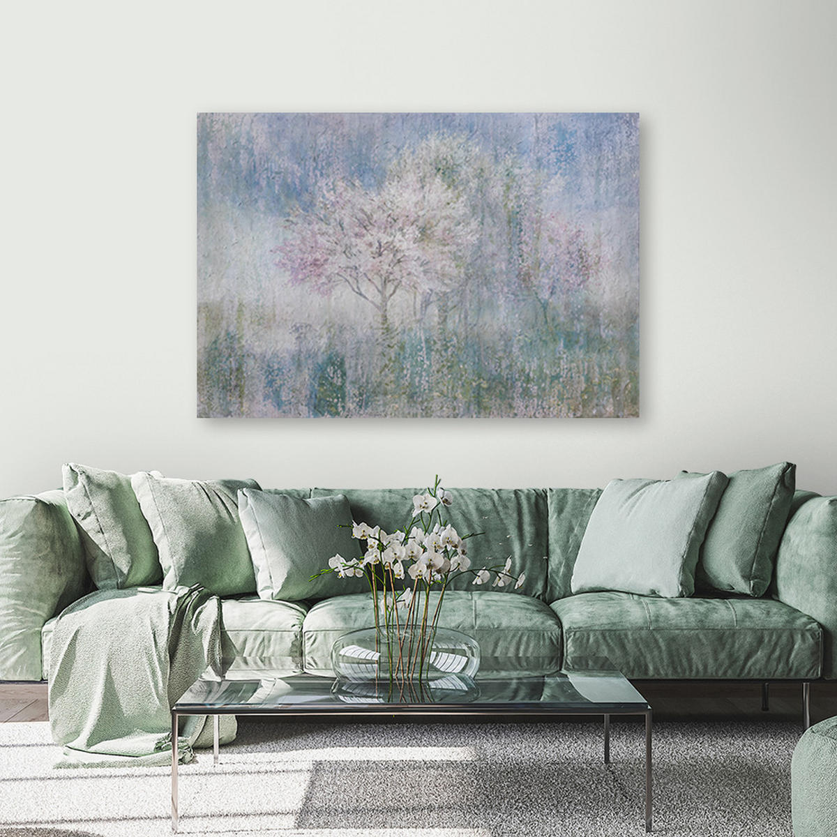 WANDBILD ein blühender baum in der wiese alt und schmutzig - Grau, Textil (60/40cm) - Feeby