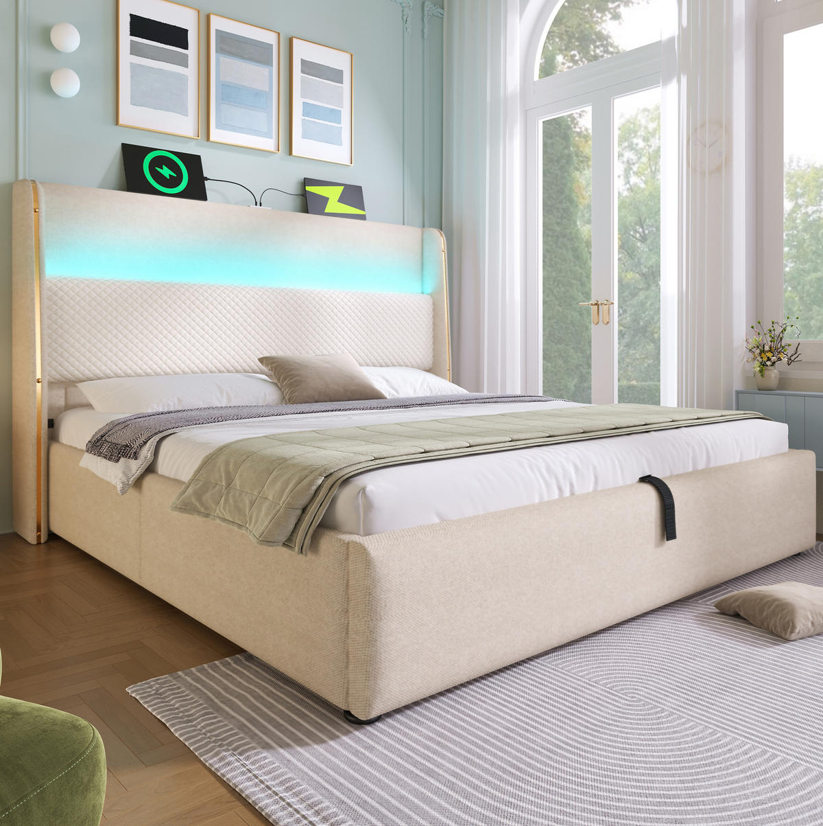 BETT hydraulisch 140x200 cm Leinen Beige mit Matratze - Beige, Metall (140/200cm) - Meubliv