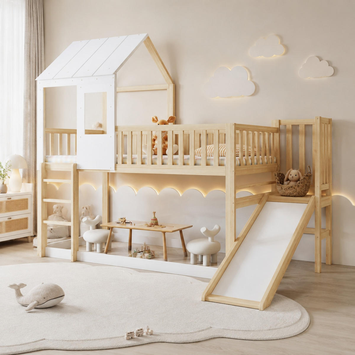 HAUSBETT 90/200 mit Dach, Rutsche und Fallschutz in Natur + Weiß - Weiß/Naturfarben, Holzwerkstoff (90/200cm) - EVRYAE