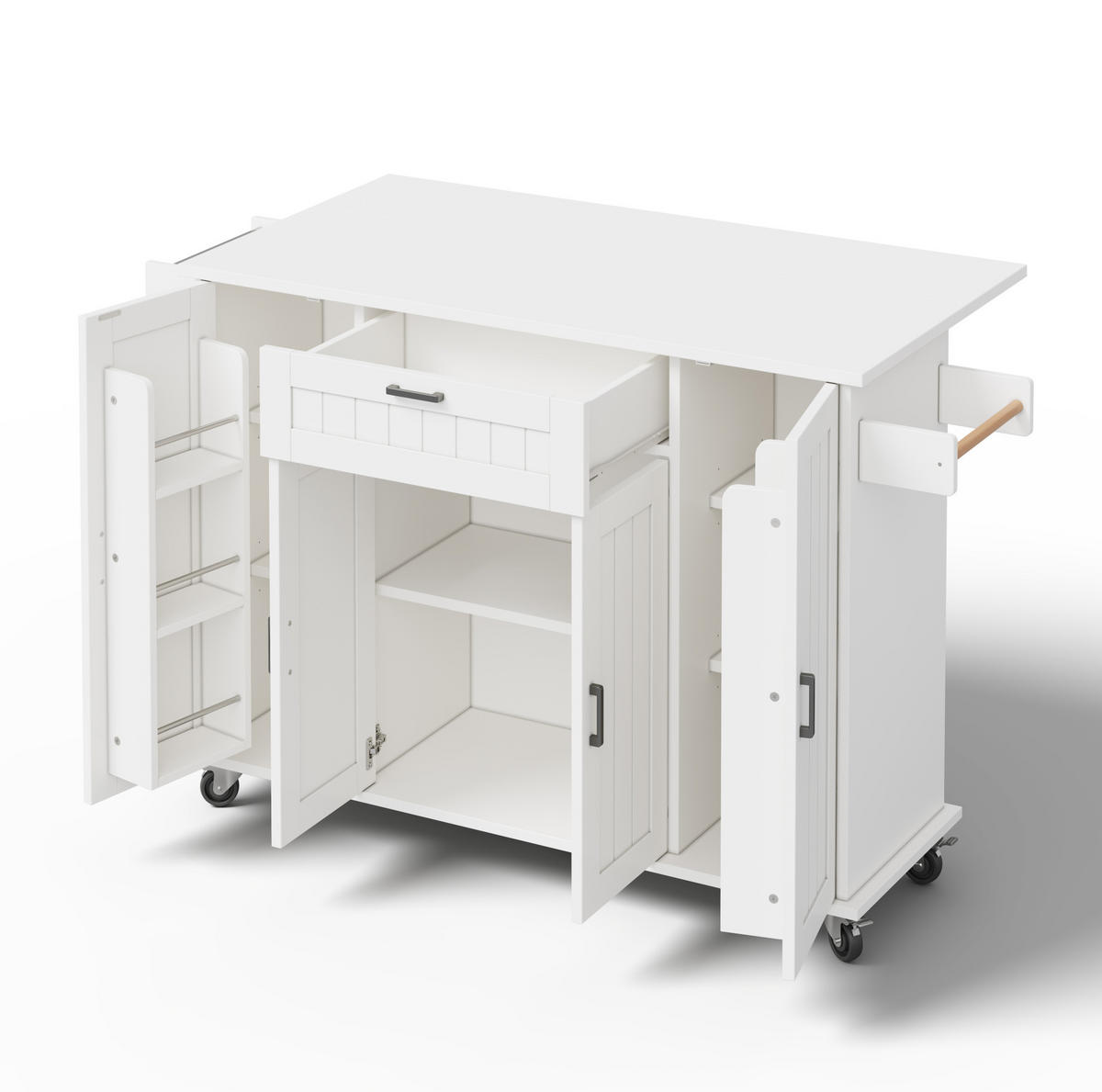 KÜCHENINSEL 120/45(70)/95 cm mit klappbarer Arbeitsplatte, Rollen, 4 Türen, Schublade und MDF-Korpus, Weiß - Weiß, Holzwerkstoff (120/95/70cm) - Redom