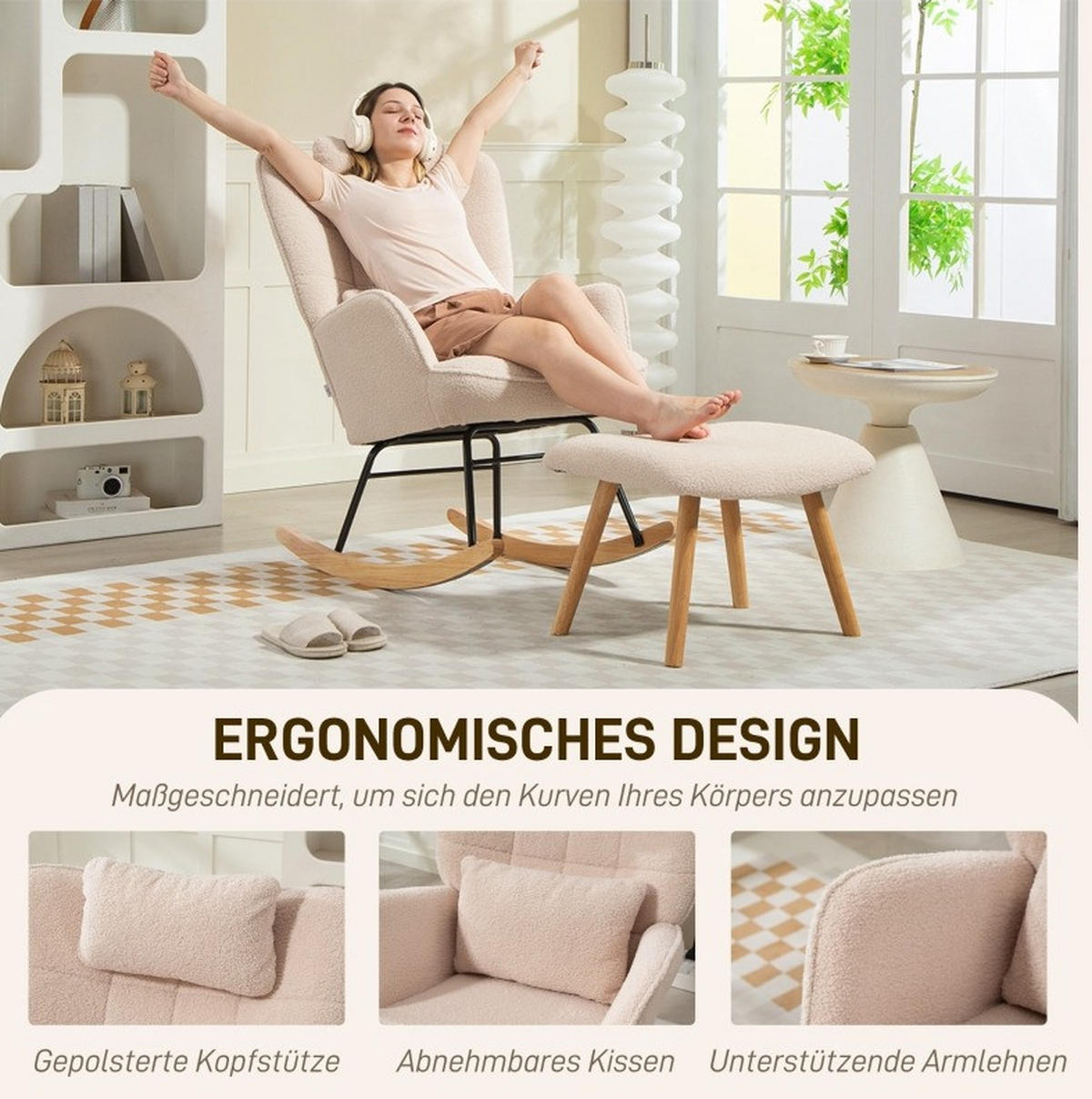 SCHAUKELSTUHL 70,5/101,5/99,5 cm mit hoher Rückenlehne und Fußhocker, beige - Beige, Textil (70.5/99.5/101.5cm) - BEAOK