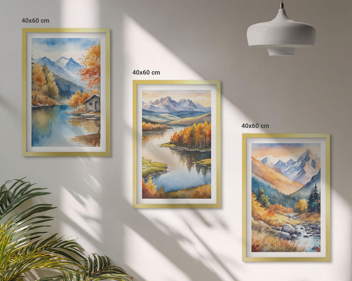 BILDER SET 3er Set - 40x60 cm Goldrahmen - Gebirgsflüsse, Herbstbäume - Goldfarben, Kunststoff (40/60cm) - TULUP