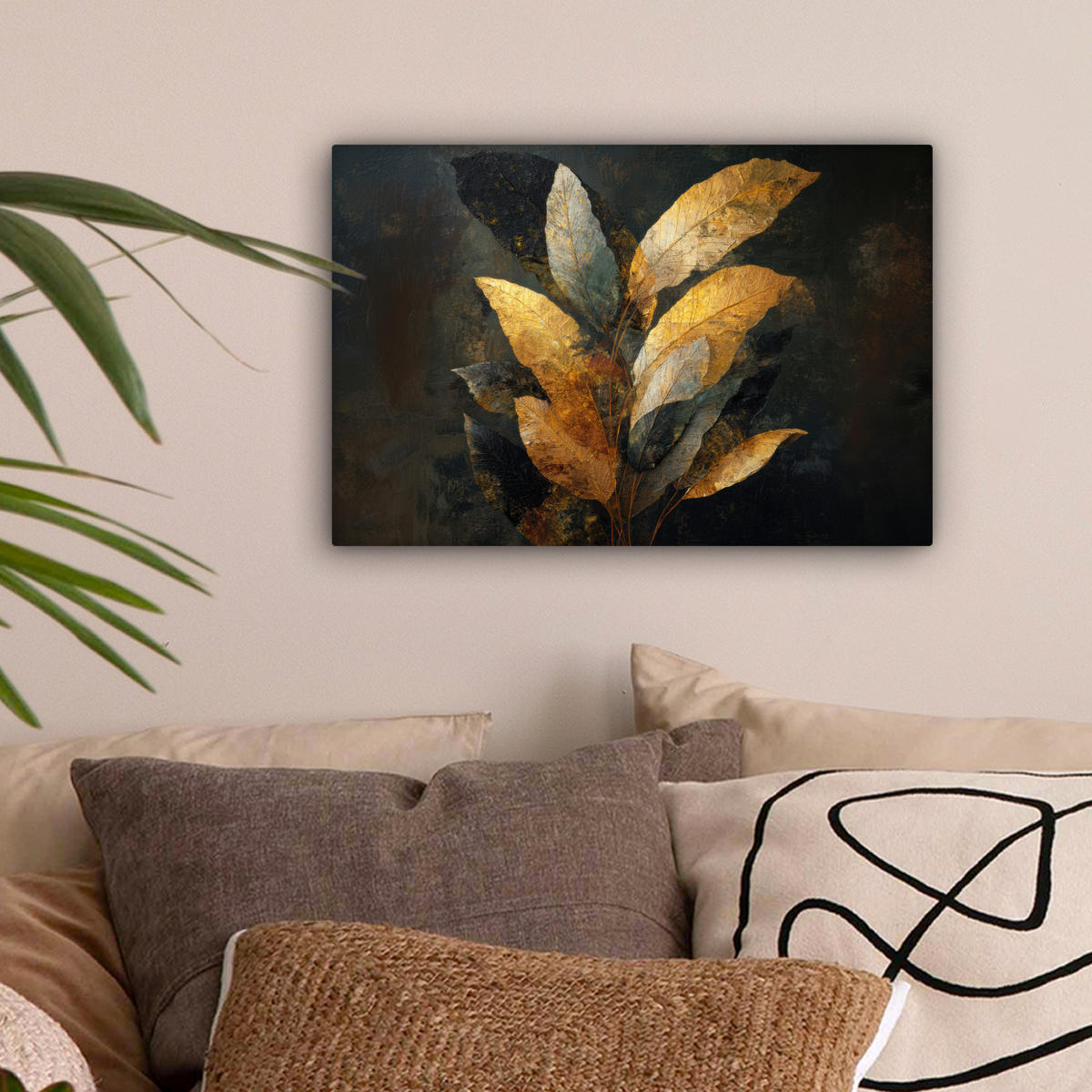 LEINWANDBILD Golden Leaf Komposition - Botanical Luxury Deko Schlafzimmer 30x20 cm - Goldfarben/Schwarz, Textil (30/20cm) - MuchoWow