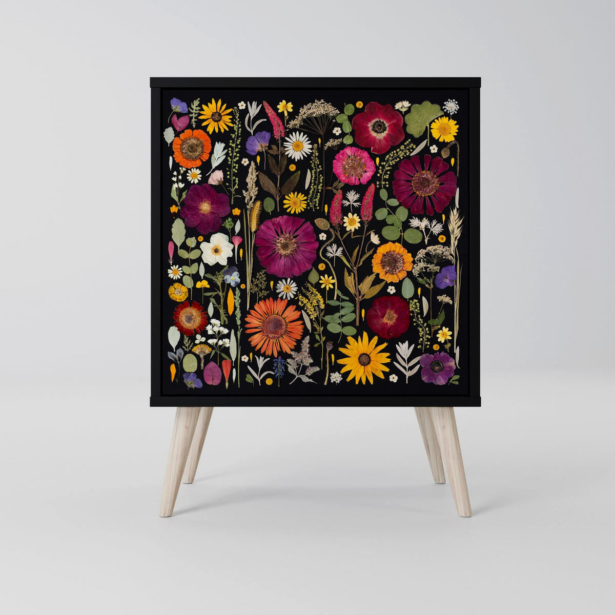 SIDEBOARD MIDNIGHT GARDEN, Schwarz, 57,5x42x67,5 cm, Schwarze Metall-Rahmenfüße - Multicolor/Schwarz, Holzwerkstoff/Metall (57.5/67.5/42cm) - SpaceRebels