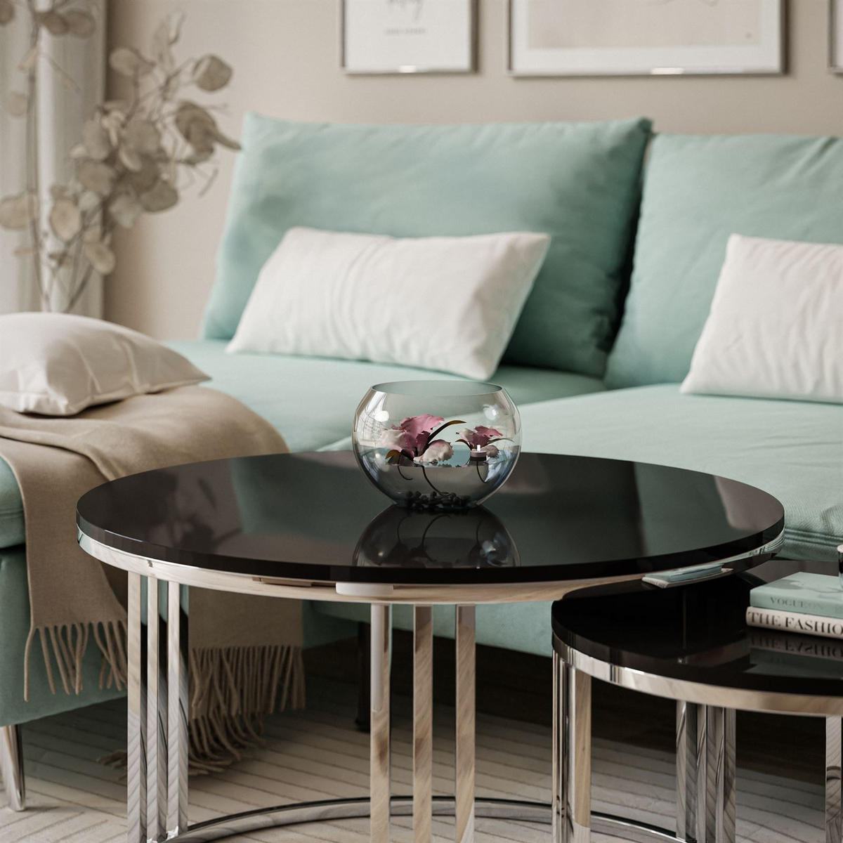 COUCHTISCH 2 in 1 LORI verchromt silber Hochglanz - Silberfarben/Schwarz, Holzwerkstoff (70/70/49cm) - Lookway