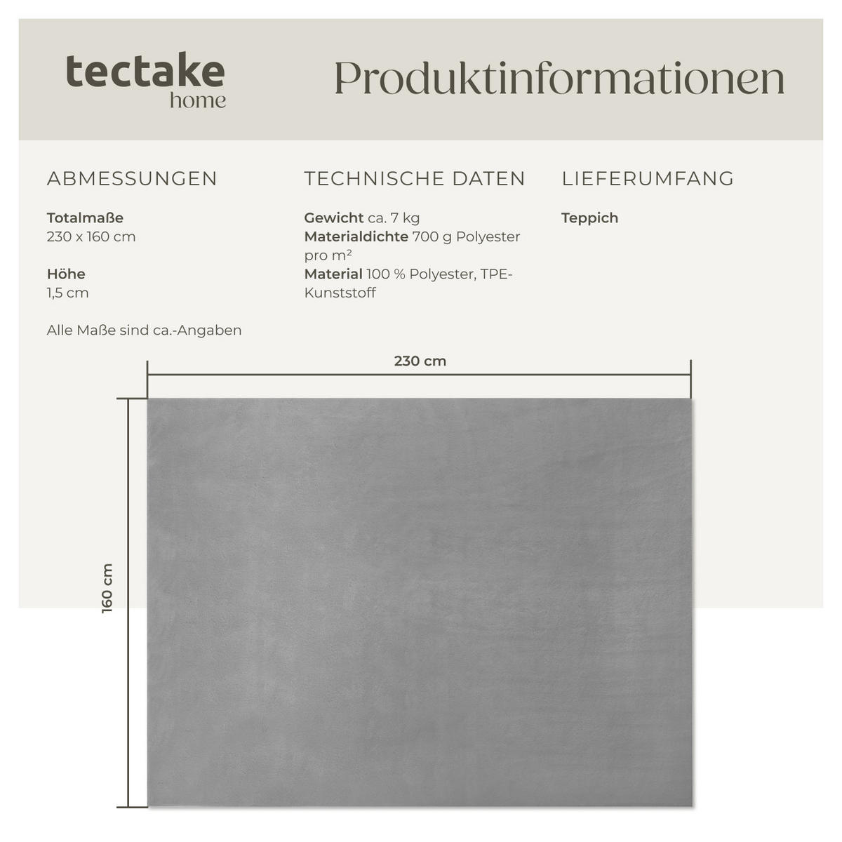 KURZFLORTEPPICH Soft Zone,rutschfeste Unterseite,grau - Grau, Kunststoff (230/160cm) - tectake