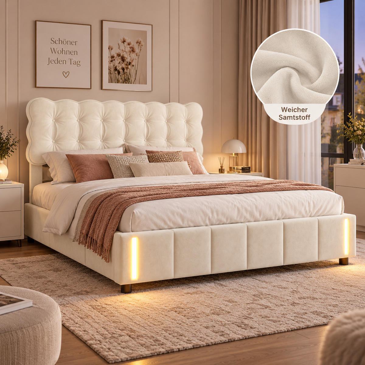 POLSTERBETT 160/200 cm mit LED,Doppelbett Modern Bettgestell Samt Beige - Beige, Holz (160/200cm) - PARAFTA HOME