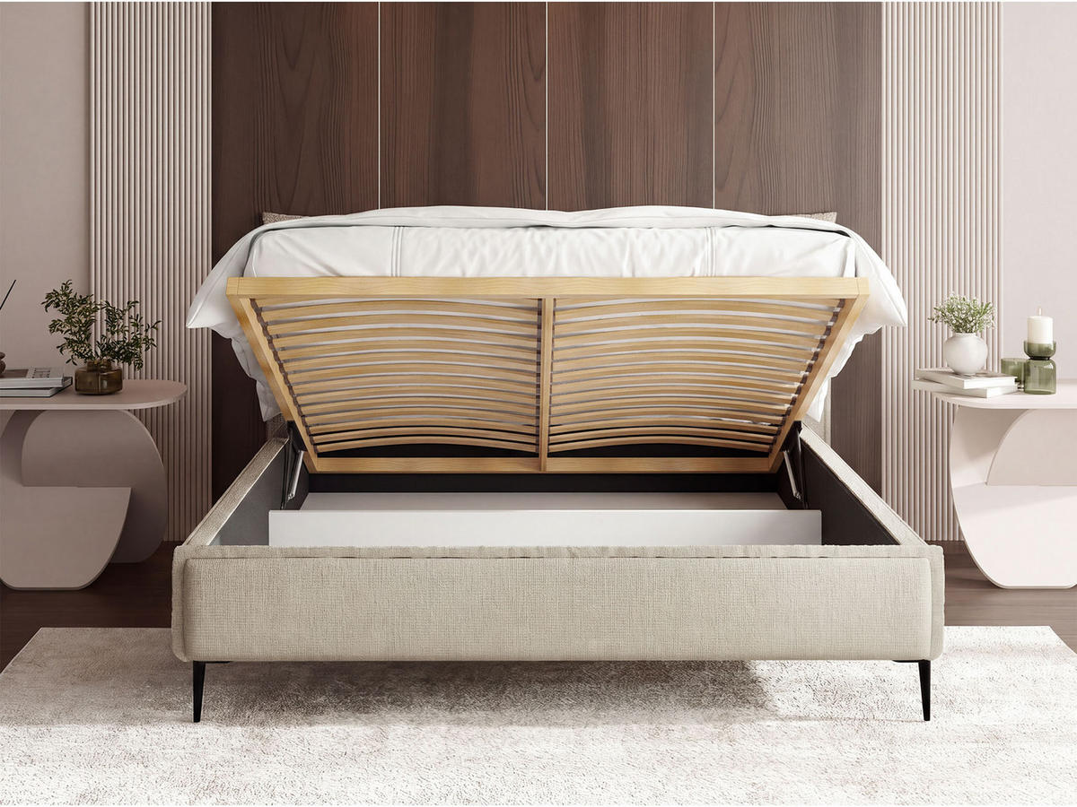 POLSTERBETT Pillow Rise mit Bettkasten, Lattenrost & hohen Metallfüßen in Creme Chenille 120x200 cm - Birkefarben/Creme, Holz/Holzwerkstoff (120/200cm) - WFL GROUP