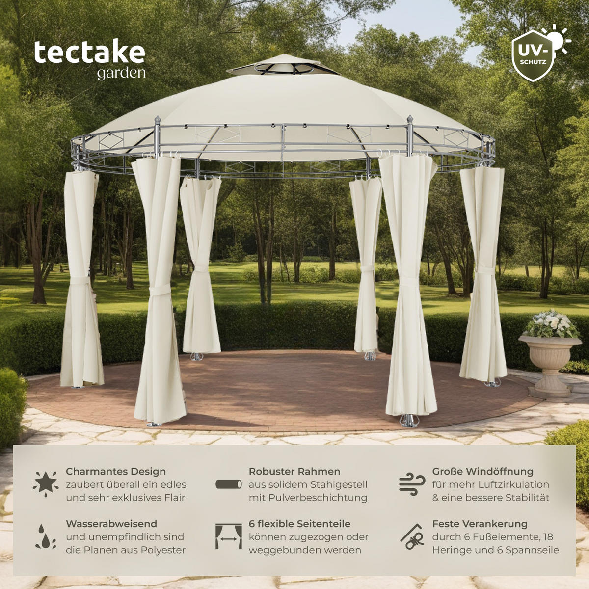 GARTENPAVILLON Siana,inklusive Spannseilen und Heringen,creme - Creme, Kunststoff (350/280/350cm) - tectake
