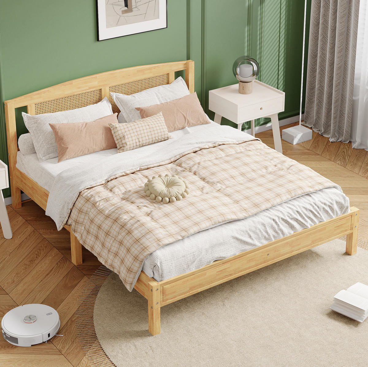 POLSTERBETT aus Kiefer und PE-Rattan 160x200 cm Natur mit 15 Latten, Mittelfüßen und Rattandetails - Naturfarben, Holzwerkstoff (160/200cm) - Modfu
