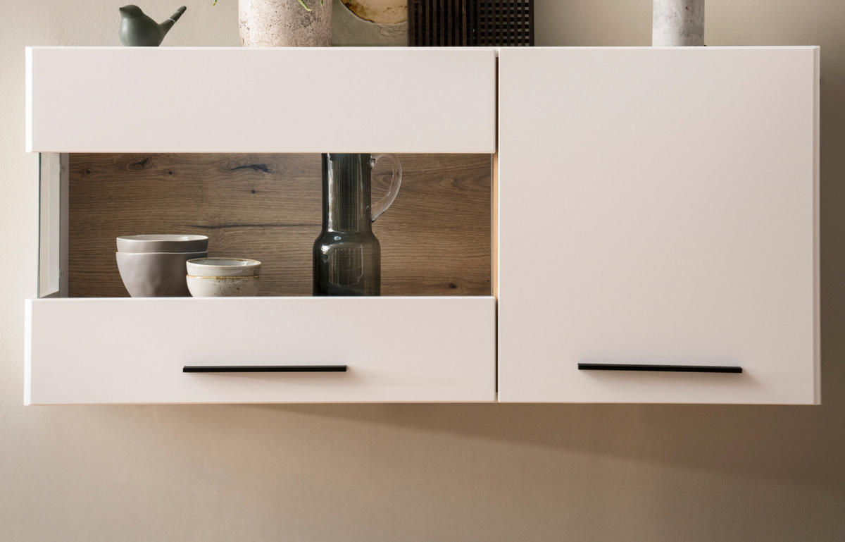 HÄNGEVITRINE weiß matt, Evoke Eiche, Vitrine hängend 120 cm, Soft-Close-Funktion - Eichefarben/Schwarz, Glas/Holzwerkstoff (120/54/35cm) - Furn.Design