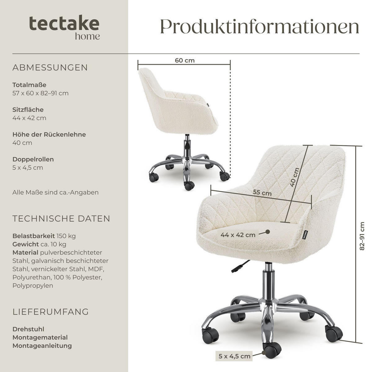DREHSTUHL Nancy, 57 x 60 x 82 – 91 cm, Belastbarkeit 150 kg, weiß - Weiß, Kunststoff (57/91/60cm) - tectake